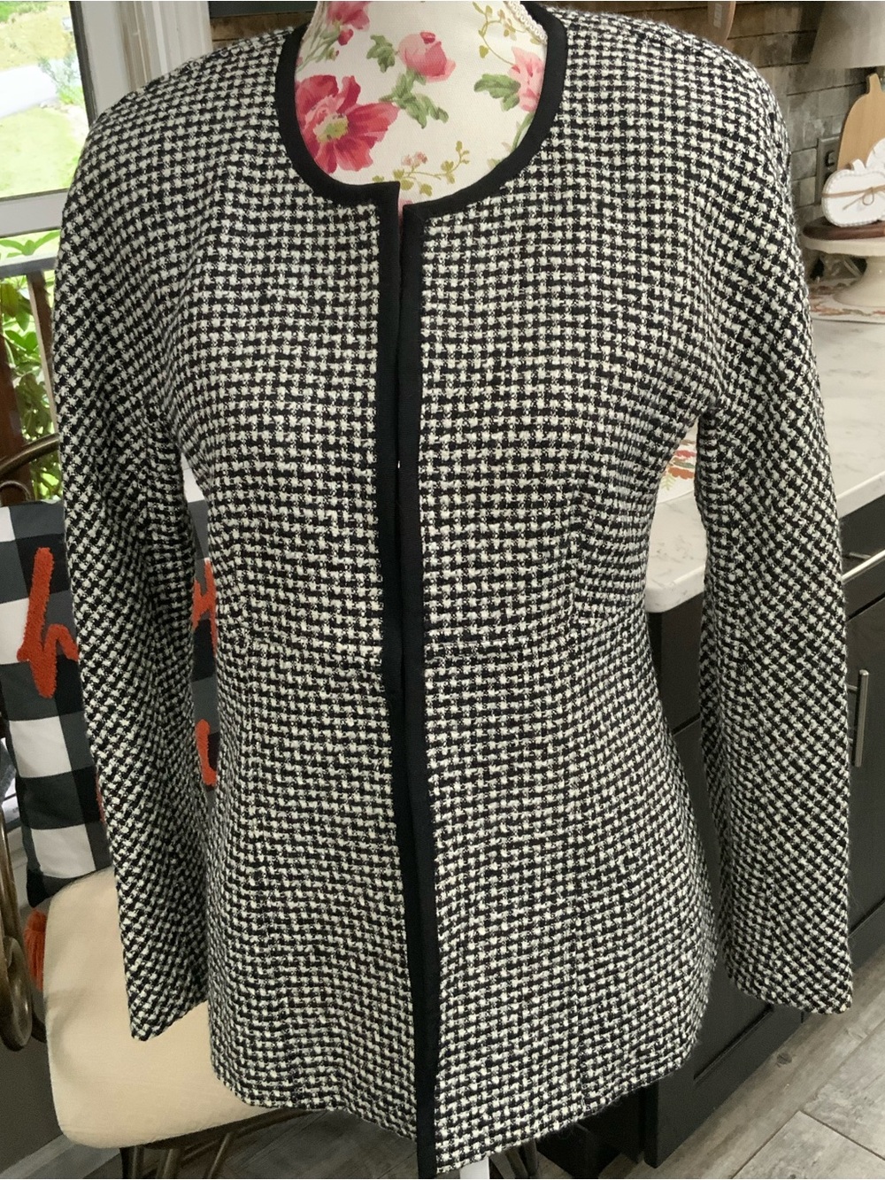 Talbots Houndstooth Blazer Jacket Sz 6 Black White Wool Blend Classic Preppy